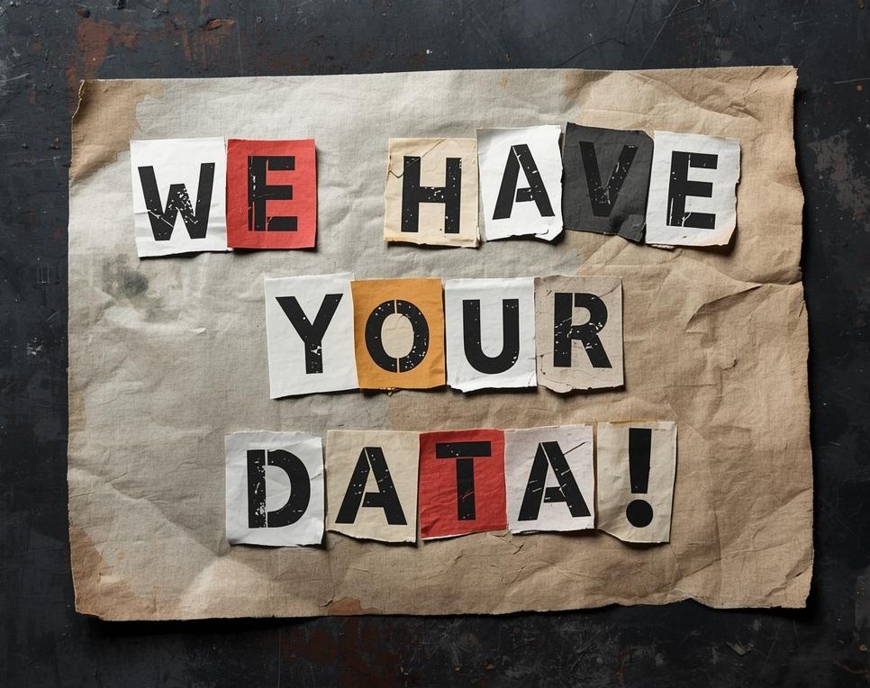 Ransom note that says: We have your data."