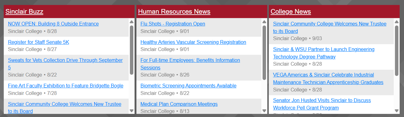 Screenshot of my.sinclair news feeds
